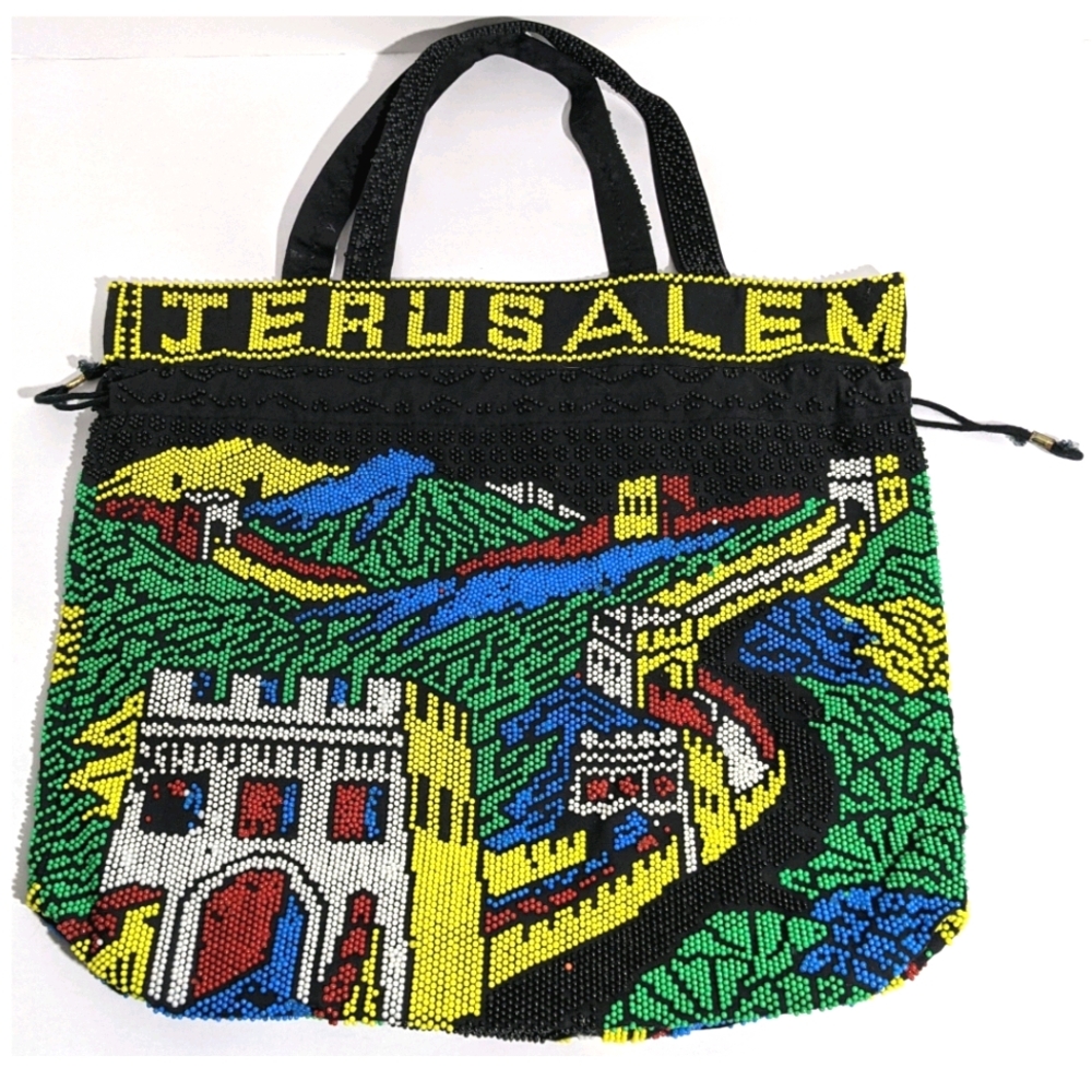 Vintage 80's Kitsch Beaded Jerusalem Tote Handbag - Picture 2 of 5